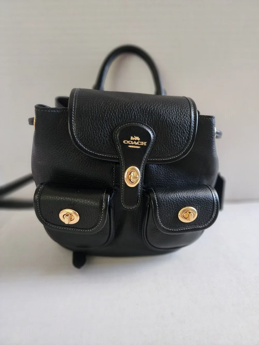 Coach Hadley Black Pebbled Leather Mini Backpack with Gold-Tone Hardware